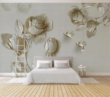 Wellyu Prispôsobené veľké nástenné maľby módnych domov zlepšenie 3D troch-dimenzionální razené zlaté ruže kvet, vták stenu