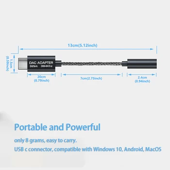 Realtek ALC5686 USB Typu C DAC HiFi Slúchadlá Digitálny Zosilňovač Zosilňovač 3,5 mm Výstup SNR 125dB PCM 32b/384kHz Pre Android Windows