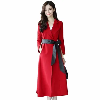 2019 Jar jeseň elegantné zákopy srsti ženy dlho windbreaker Krídla Tenký kabát ženskej módy Black Red výkopu Plus veľkosť G410