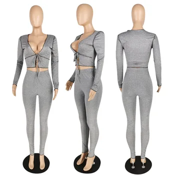 FNOCE 2020 jesenné a Zimné dámske súpravy sexy módne bežné pevné dlhý rukáv sexy topy a tesné nohavice Dvoch-Dielny set vyhovuje
