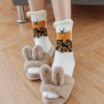 1 Pár Zimných Nové Monster Coral Velvet Cartoon Poschodí Ponožky 3D Uši Domov Teplo Čistej Bavlny Ženy Ponožky Roztomilé Sladké Dievča Ponožky