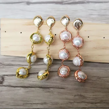 3 Páry Prírodné perly elektrolyticky pokrývajú Zlaté Náušnice,perla strapec Prívesky, Šperky Zistenia Visieť Náušnice ER599