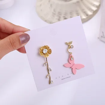 2020 Kórejský Elegantné Ružové Motýľ Crystal List Kvet, Kvapka Náušnice Pre Ženy, Dievčatá Asymetrický Dovolenku Pendientes Šperky