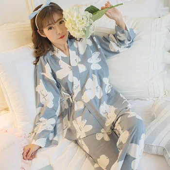 Ženy retro vintage japonský štýl pajama sady kvetinový tlač dievčatá bavlna domáce oblečenie