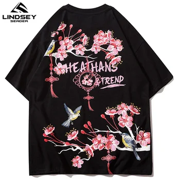 LINDSEY SEADER pánske Tričko Čínskej Kultúry Slivkové Kvety Kvetov Vytlačené Hip Hop Nadrozmerné Bavlna Bežné Harajukur Top Tshirts