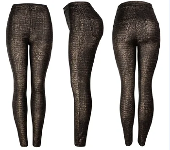 K032#Fashion nové 2020 nový produkt tesný dámske nohavice vysoký pás PU sexy nohy krokodíla vzor koženka nohavice,
