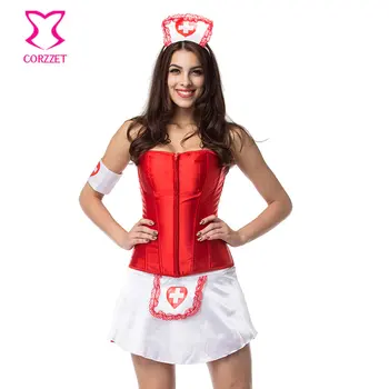 Červená / Biela Dospelých Zdravotná Sestra Kostýmy Plus Veľkosť Sexy Ozdobný Korzet, Šaty Halloween Kostýmy Pre Ženy Cosplay Lekár Hra Deguisement