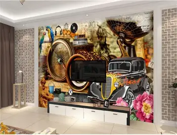 Vlastná veľkosť 3d foto tapety nástenná maľba obývacia izba, kompas, ďalekohľad klasické auto 3d obraz gauč TV pozadie tapetu na stenu 3d