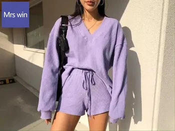Neploe 2020 Nové Módne Jednoduché Dvoch Peice Nastaviť Farbou Sexy tvaru Hoodies Ženy + Voľné Vysokým Pásom Šnúrkou Šortky Oblek