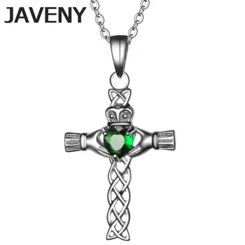 925 Sterling Silver Šperky Zelený CZ Írsky Keltic Uzol Claddagh Kríž Svadobné Svadobné Prívesok Náhrdelníky pre Ženy Narodeninám