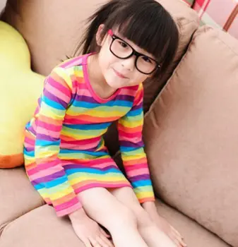 2-7years Rainbow Prekladané deti dievča šaty s dlhým rukávom Jar deti Oblečenie