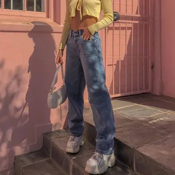 2021 Harajuku Svetlo Modrá Rovné Džínsy s Vysokým Pásom Voľné Nohavice dámske Jarné E-Dievča Vintage Módy Slim Denim Streetwear