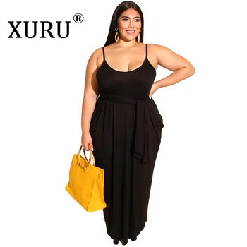 XURU Lete nové žien veľké veľkosti voľné šaty L-4XL farbou príležitostné bez rukávov popruh tvaru dlhé šaty s pásom