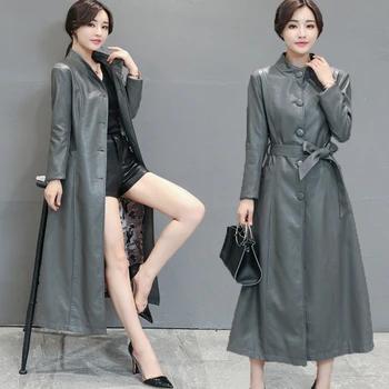 2019 nové dlho ženy kožené bundy pevné, štíhle A-vápno office lady módne kabát outwear topy