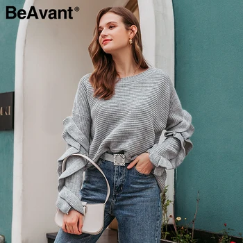 BeAvant Elegantné o-krku jeseň zima ženy sveter Office lady mimo ramenný jumper Príčinné prehrabať dlhý rukáv pulóver 2020