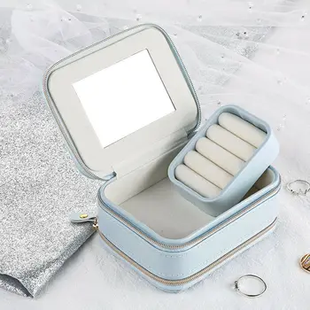 Móda Cestovanie PU Kožené Šperky Zips Organizátor Box Držiteľ Zobraziť Prípade Krúžok Náušnice Skladovanie Displej Kozmetické Tašky