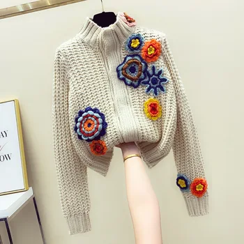 3D kvet pletený sveter 2021 jeseň a v zime krátke voľné vysoký krk ťažký priemysel ručná reťaz prepojenie sveter