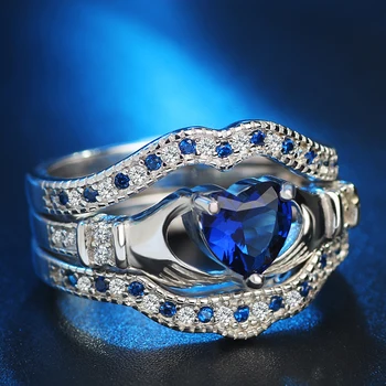 Modré Crystal Srdce Strany Krúžok S Striebornej Farbe Cubic Zirconia Svadby 3 ks Prstene pre Ženy Strany Milujú Šperky Darček anillos