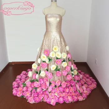Real Foto Romantická Kvetinová Víla Prom Šaty Banquet Luxusné bez Ramienok A-line Flitrami Formálne Večerné Šaty