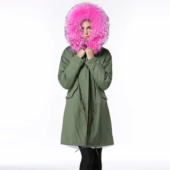 Zimné Army Zelená dlhú Srsť bunda ženy Veľký Raccoon Ružová kožušiny golier Vetrovka