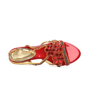 2019 Lete Červená Jednoduchý Kvetinový Vzor, Drsné Päty Sandále Non-slip Krištáľ Dekoratívny Sandále Wild Módne Sandále
