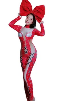 2021 Ženy, Nový Vianočný Kostým Červená Sexy Jumpsuit 3D Vytlačené Lesklé Kamienky Oblečenie Zobraziť Skupina Výkon Oblečenie Jumpsuit
