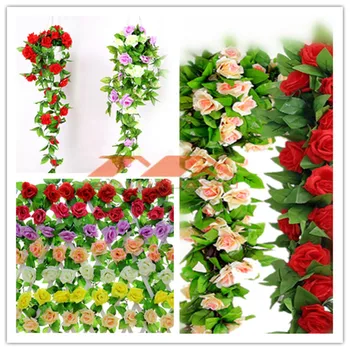 250 CM Hodváb Ruže kvety Ivy Viniča s Zelené Listy Pre Domáce Svadobné Dekorácie Falošný list diy Visí Garland Umelé Kvety