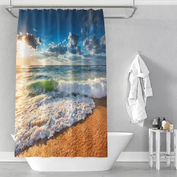 Golden beach vlna, polyester tlač nepremokavé a plesniam kúpeľňa sprchový záves oblasť opony továreň na priamy predaj