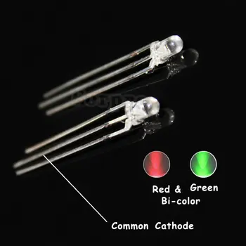 100ks 3 Pin Round 3 mm, Bi-Color LED Cez Otvor Svetlo Emitujúca Dióda LED 3mm Rozptýleného/ Spoločná Katóda Zelená A Červená