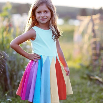 VOGUEON Nové Módne Rainbow s Dlhým Rukávom Bavlna Farby Blok Roztomilé Dieťa Dievča Narodeninovej Party Šaty pre Deti, Dievčatá Šaty Princezná
