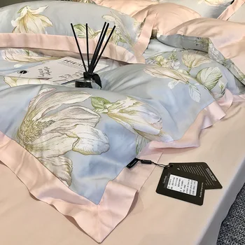 Posteľné prádlo 60. ROKOCH Tencel vytlačené posteľná bielizeň nastaviť štyri-kus ľadu hodváb obojstranné hodvábne obliečky kryt pre domáce prehoz cez posteľ
