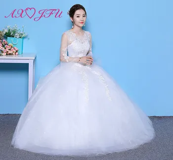 AXJFU čipky Princezná biele svadobné Šaty vintage o krk ilúzie kvet čipky turecko dlhé závoje rukáv strany biele svadobné šaty