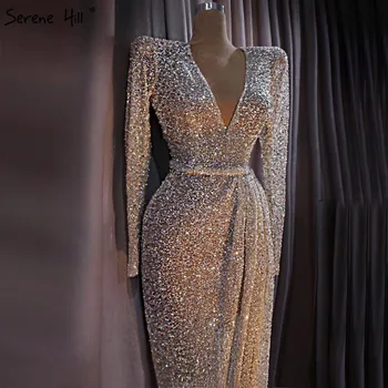 Dubaj Luxusné Zlaté Dlhé Rukávy Najnovšie Večerné Šaty Vzory 2020 Lištovanie Sequined Večerné Šaty Real Foto LA60769