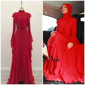 SoAyle Plášť 2018 Večerné Šaty Dubaj Moslimských Žien Dlhé Červené Šaty Formálne Šaty na Ples Šifón Volánikmi Arábia Móda