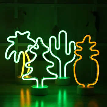 Ananás Kaktus Tvar LED Nočné Svetlo Neón so stojanom Batérie Powered stolná Lampa pre deti izba dovolenku