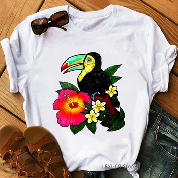 Vtipné ženy tshirts akvarel Toucan Vták Cockatoo s tropické kvety tlač tričko femme letné topy pre dievčatá obliekať kawaii