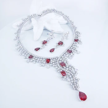 2021 nové módne red crystal kvapka vody CZ zirkón svadba nevesta hostiny, formálne šaty náhrdelníky náušnice šperky set doprava zadarmo