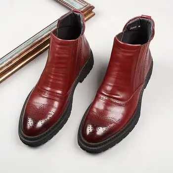 Jeseň Prízvukom Mužov Chelsea Boots Originálne Kožené členkové Topánky Muž Slip-on Svadobné Šaty Krátka Zavádzania Pre Človeka Čierne Červené Víno