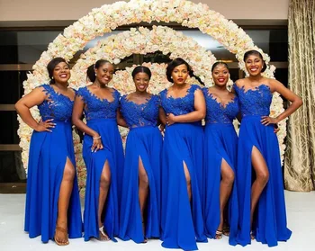 Strana Kleid Kráľovská Modrá Afriky Čipky Bridemaid Šaty Dlhé 2021 Nové Šifón Úplnej Krku Nášivka Prom Party Šaty Vestido De Noiva