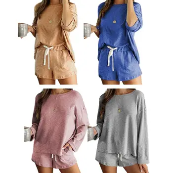 Ženy 2 Kusy Bežné Pyžamo Nastaviť Dlhý Rukáv O-Krku Topy Šnúrkou Vrecká Šortky Sleepwear Farbou Voľné Domov Plavky