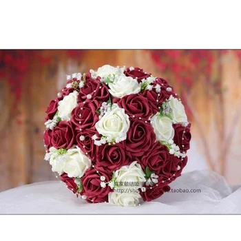 Burgundsko A Biele Ručne Kvety, Dekoračné Umelé Ruže, Kvety Perly Nevesta Svadobné Čipky Akcenty Svadobné Kytice