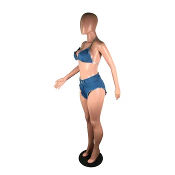 Nový sexy pevné bikini dvoch-dielny módne slim hlboké V-neck bez rukávov tube top a šortky dámske kovboj oblek