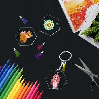 Akryl Transparentný Disky, priehľadný Akrylový Hexagon Keychain Prázdne s 30Pcs kľúčenky, 30Pcs Farebné Strapec Prívesky,