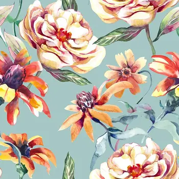 Opona Letné Kvety Vzor Vintage Štýl, Akvarel Umelecké Diela Modrá Oranžová Zelená