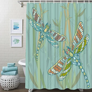 Dragonfly Doodle Sprchový Záves Kvetinový Náčrt Nepremokavé Kúpeľni Sprchový Záves Retro Zvlnenie Kúpeľni Sprchový Záves S Hákom