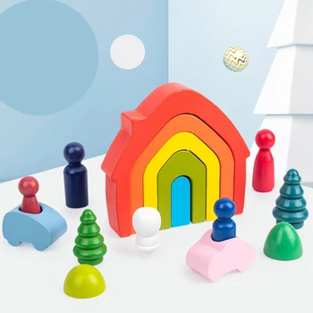 Drevené Bloky Rainbow Stacker Hračky pre Deti, Tvorivé Dúhový Dom, Stavebné Bloky, Vzdelávacie Hračky pre Deti,