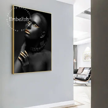 Embelish 1 Ks Čierny Dievča S Golden Lip Sexy Afriky Nahé Ženy HD Plátne Obrazy Pre Obývacia Izba Domova Obrázky