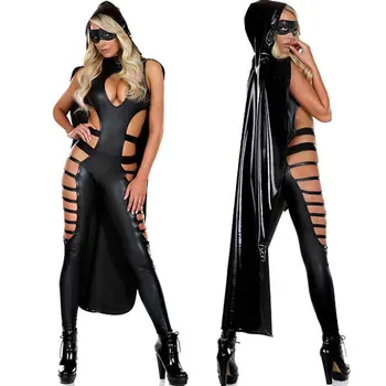 Black Faux Kožené Dark Knight Darebák Kostým Role-Playing Hry Sexy Cosplay Halloween Kostýmy Pre Ženy Vystrihnúť Catsuits