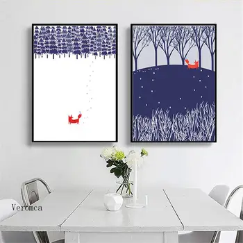 Maliarske plátno Dekoratívny Obraz Domova Wall Art Nordic Tlač Zime Sneh Krajina Fox Scenériou Lesa Plagát pre Spálne
