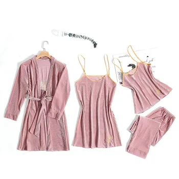 Štyri-dielna Sada Pevných Farbu Zlata Velvet Domáce oblečenie Na Jeseň A v Zime Sexy A Očarujúce Nightgown Pohodlné Pyžamo